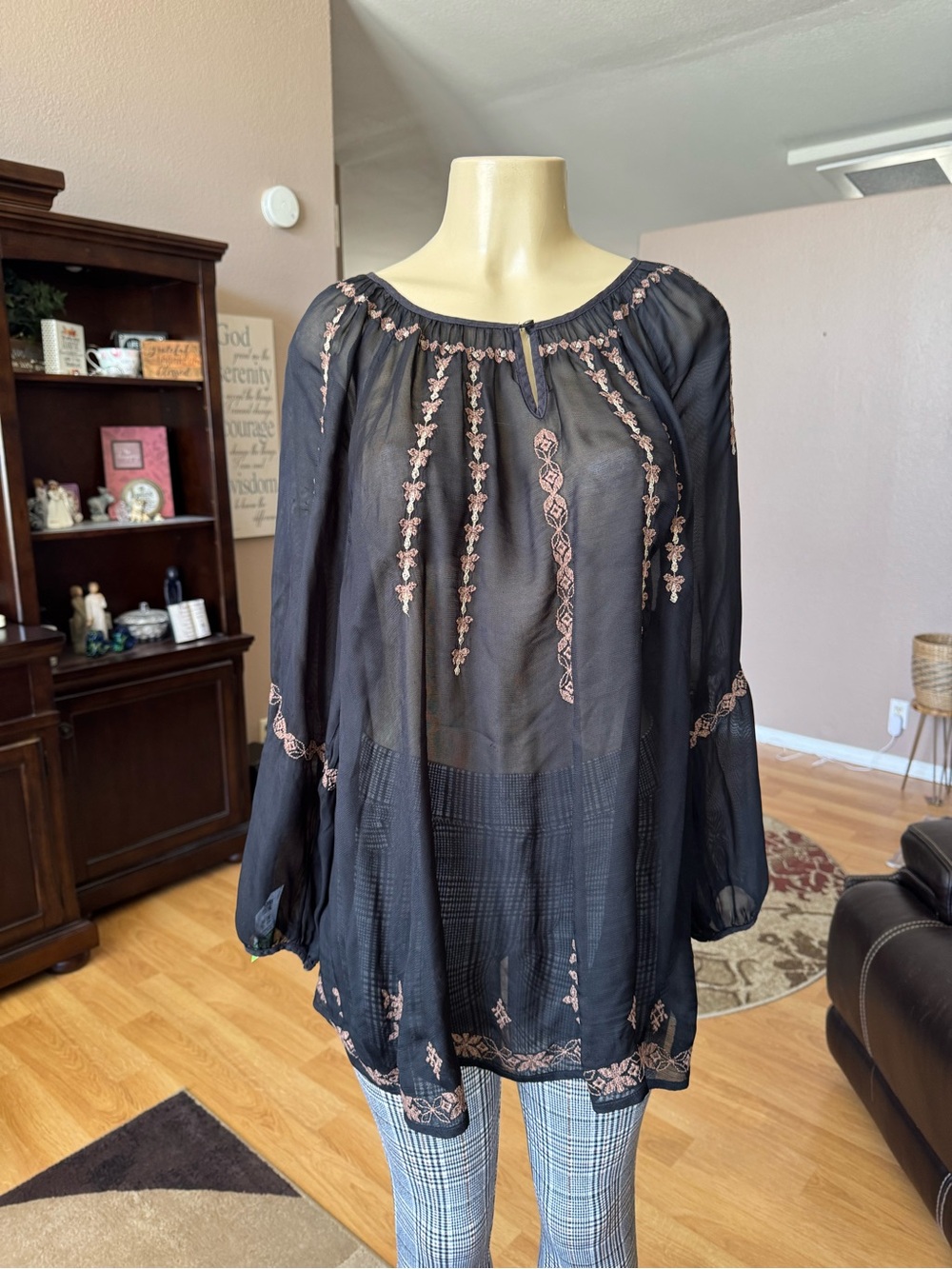 Lucky Brand black sheer embroidered peasant tunic top-size 2X
